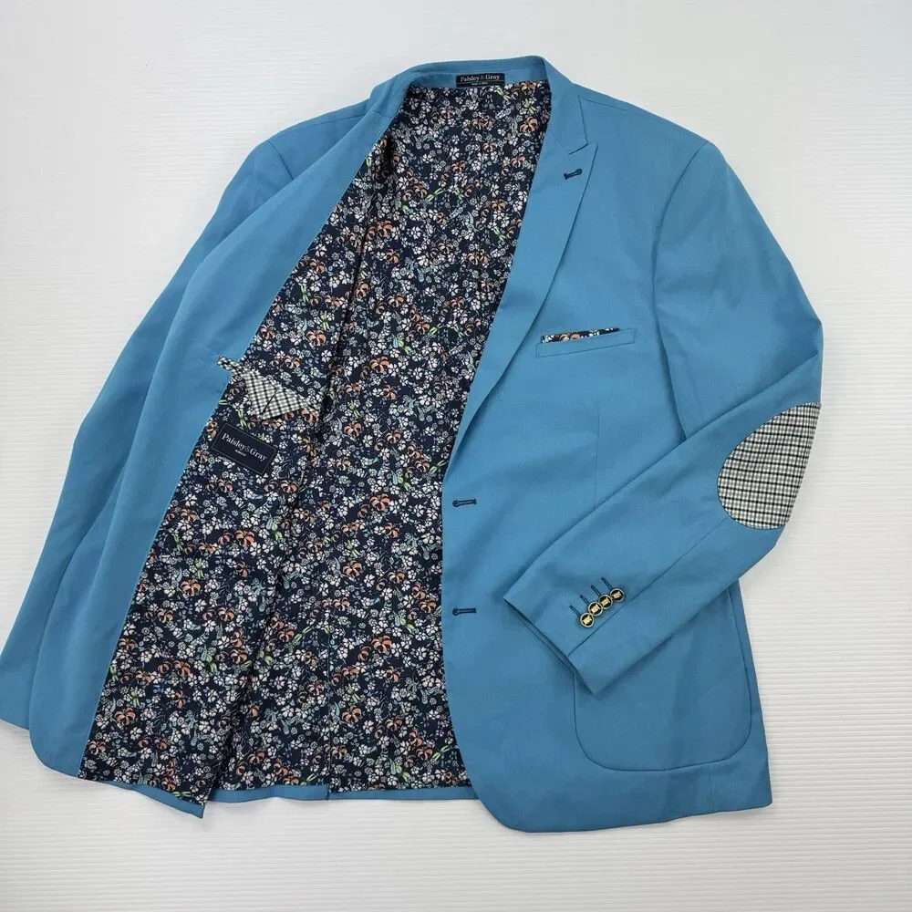 Paisley & Gray 48R Blue Sport Coat Blazer Floral Lining Elbow Patch Slim Fit